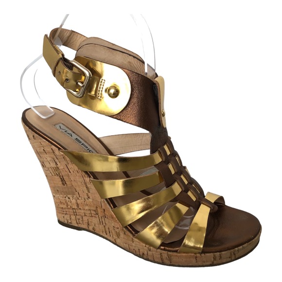 Via Spiga Shoes - Via Spiga Bronze and Gold Leather Cork Wedge Heel Sandals Size‎ 8M